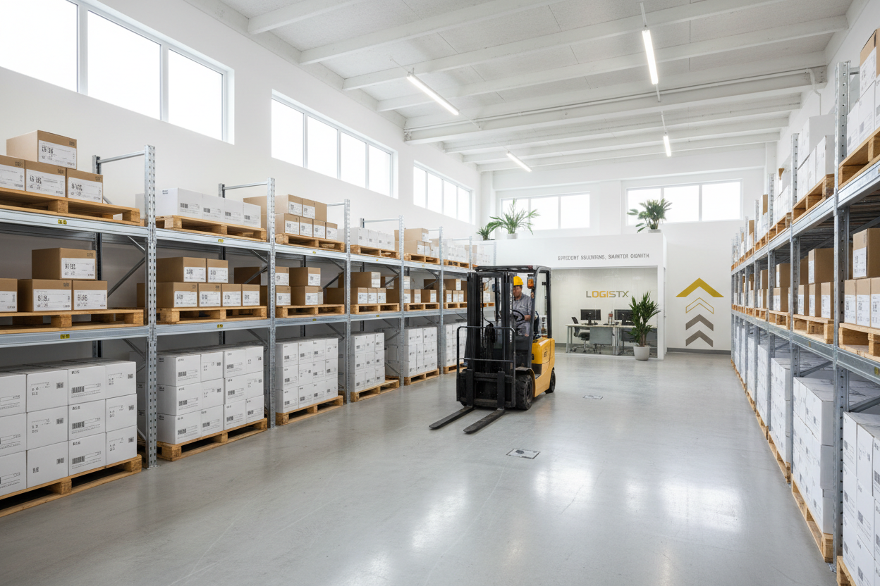 Skapa en bild för "tjänster" sidan för ett 3PL lager, tänk på att vi är nystartade och inte har jättestort lager så ingenting överdrivet